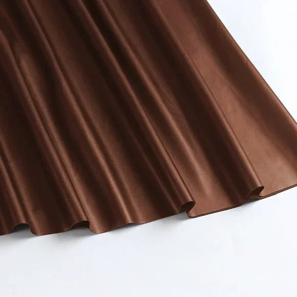 Coffee Brown Preppy Womens Plus Solid PU Leather Flare Skirt - Picture 3 of 5